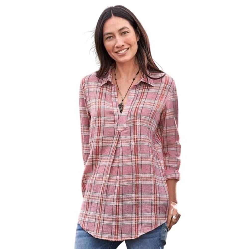 Sundance Molly Pink Plaid Popover Top Womens Size Medium V-Neck Cotton Western